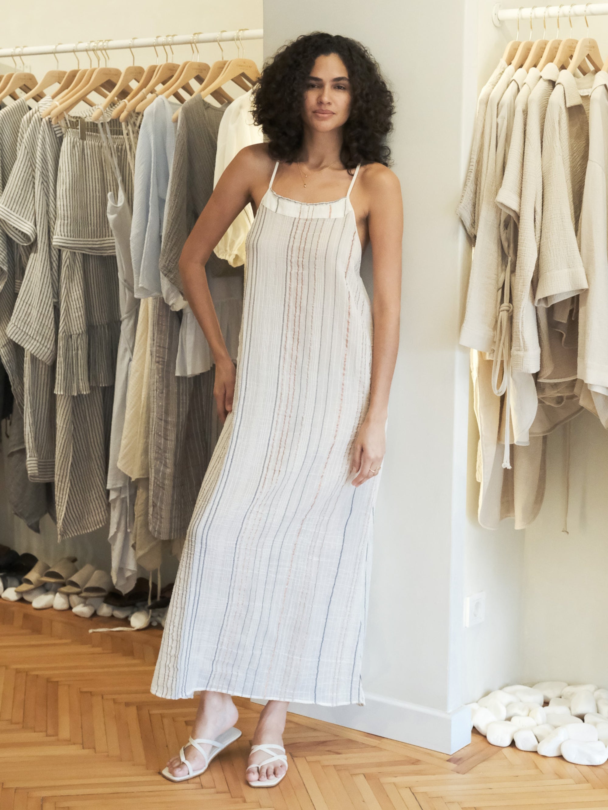 Canggu Maxi Dress Natural With Stripes - The Handloom