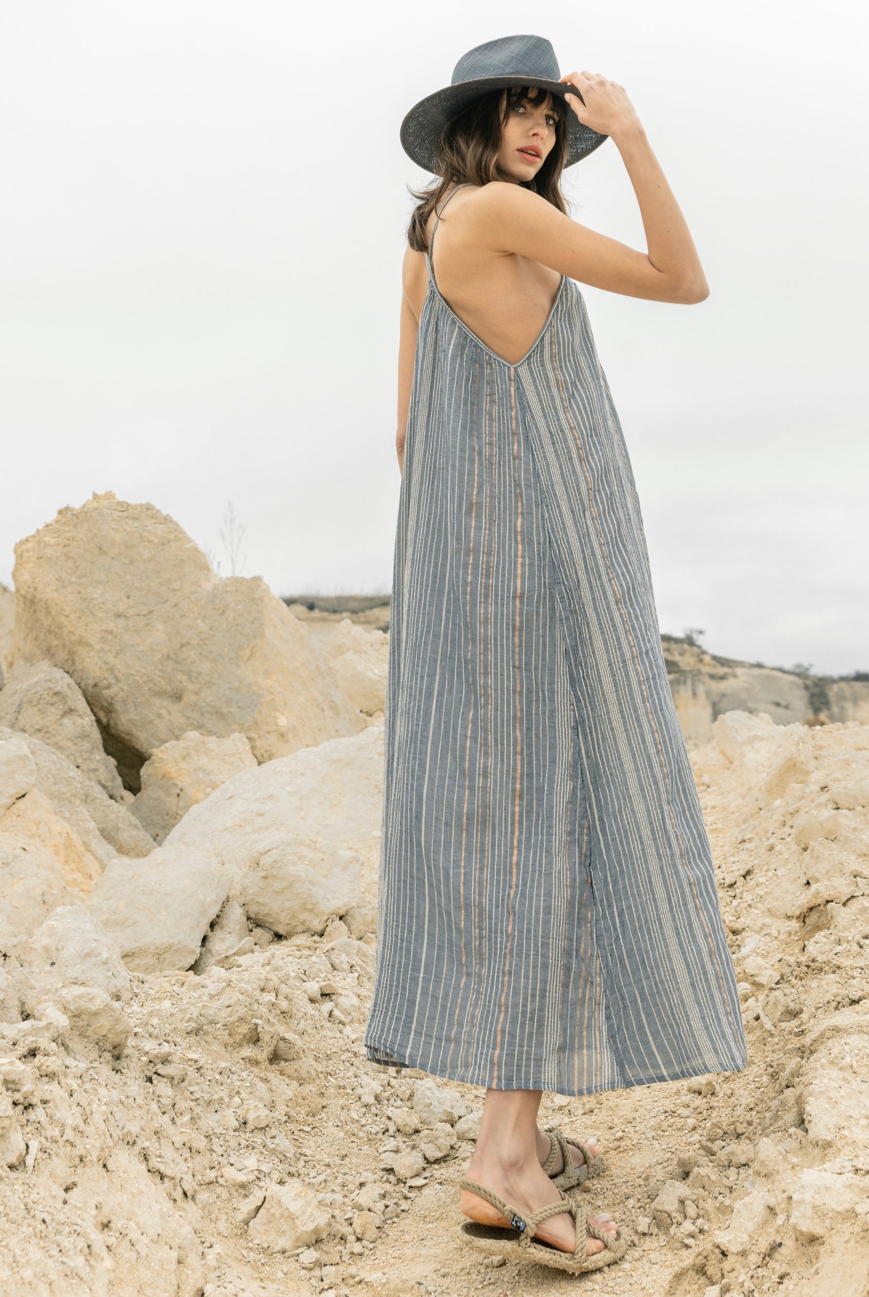 Canggu Maxi Dress Navy With Stripes - The Handloom