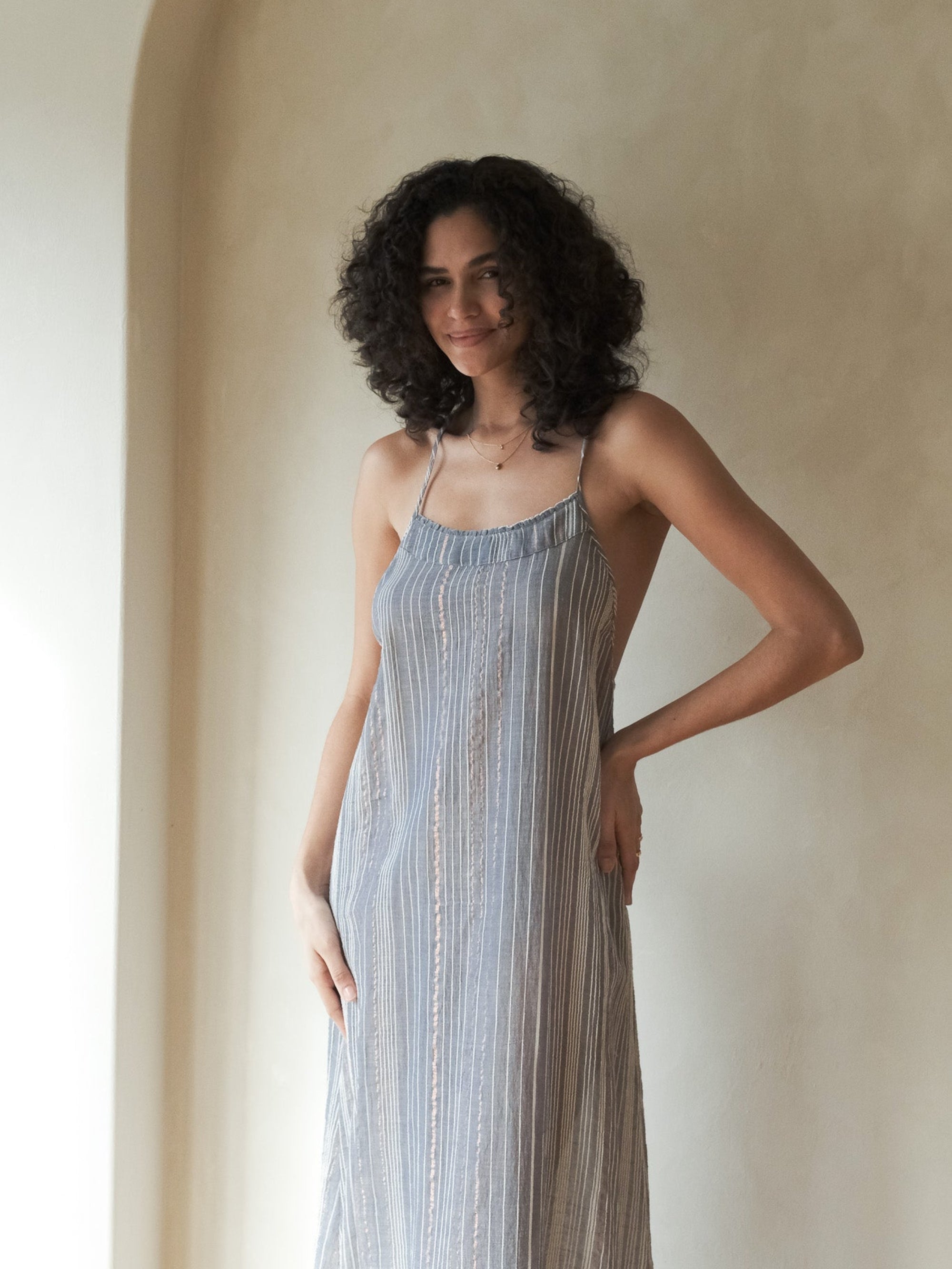 Canggu Maxi Dress Navy With Stripes - The Handloom