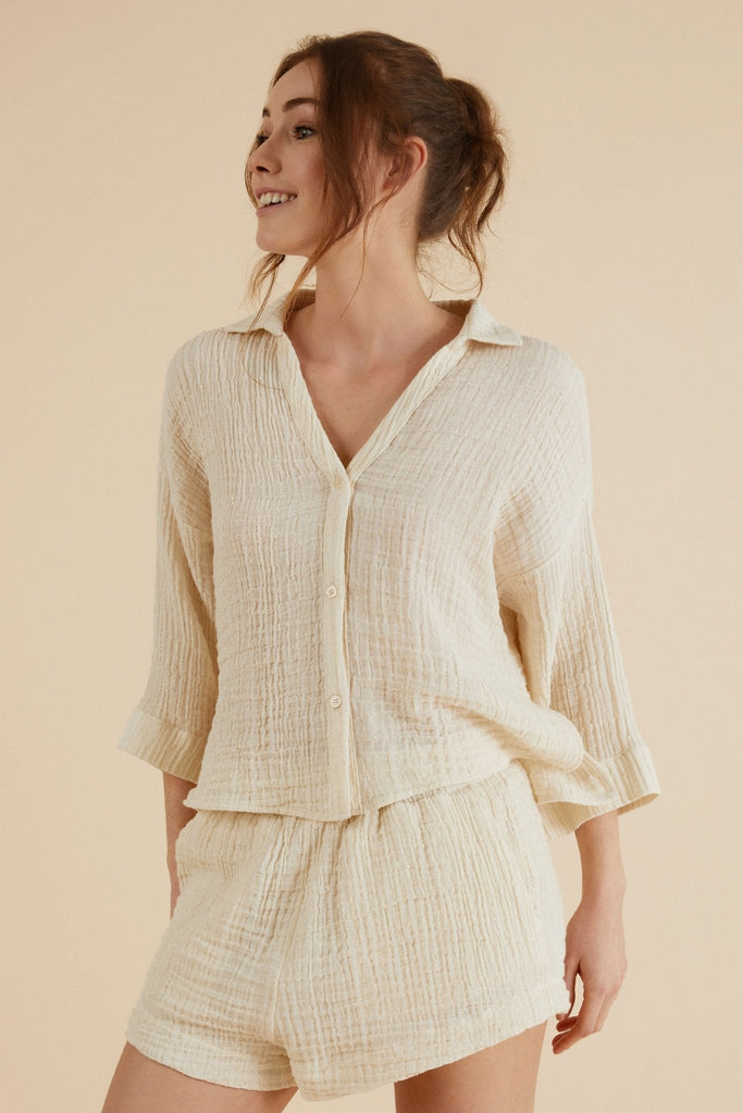 Echo Mini Shirt Natural With Gold Stripes - The Handloom
