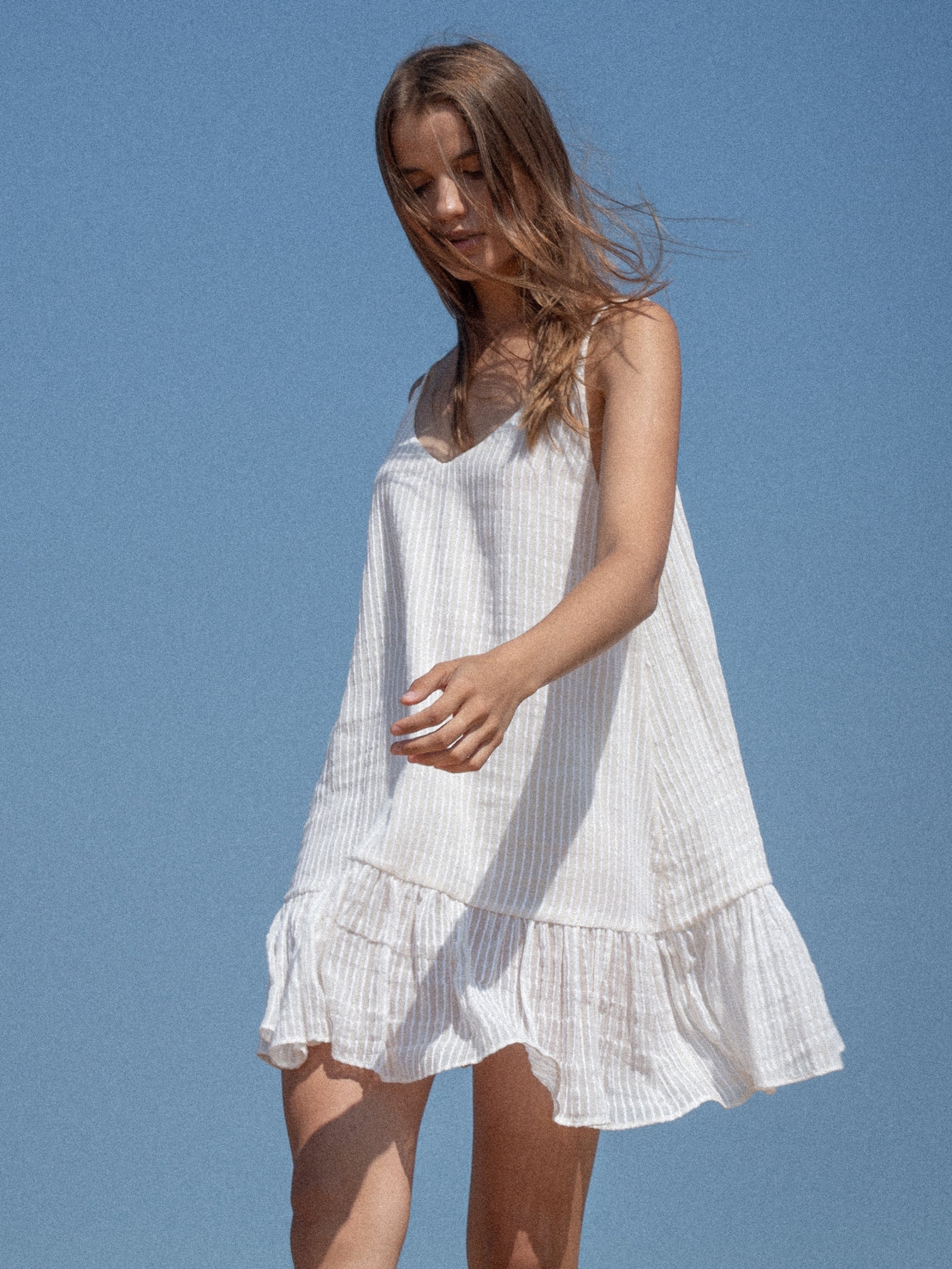 Liv Mini Ruffle Dress White Stripes - The Handloom