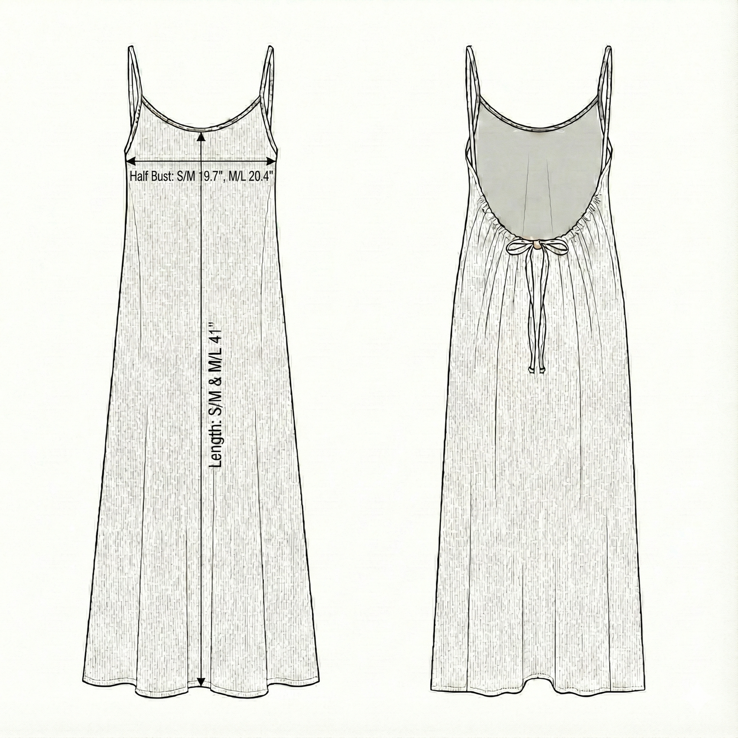 Size chart for Aura Low Back Maxi Dress - White