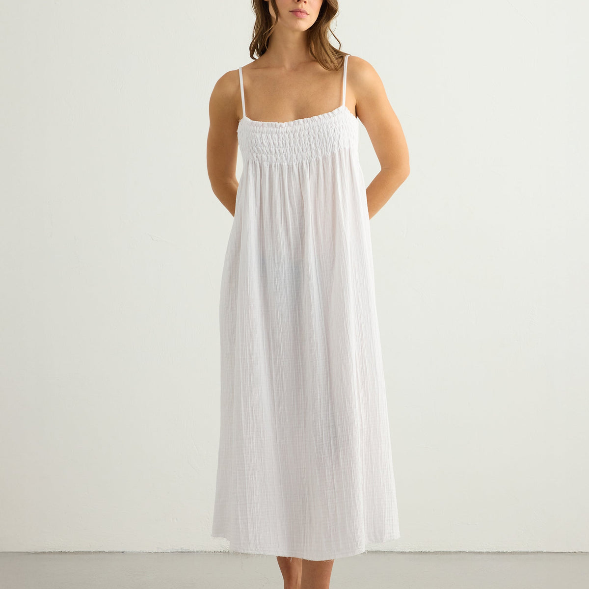 white slip dress maxi Kaya Smocked Maxi Dress