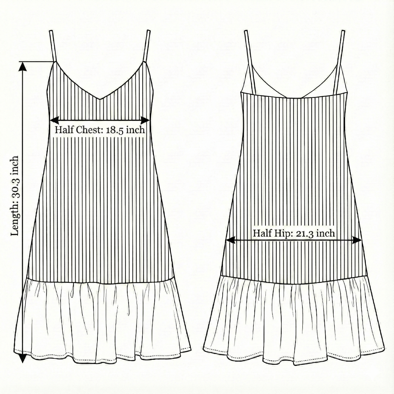 Size chart for Liv Mini Ruffle Dress - White Stripes