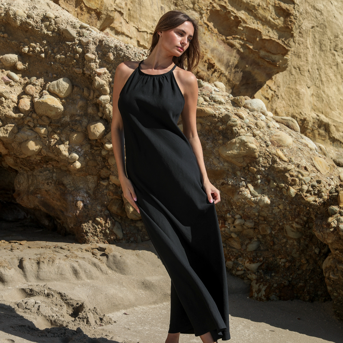 halter maxi dress casual Lyra Yellow Halter Neck Maxi Dress - US 8