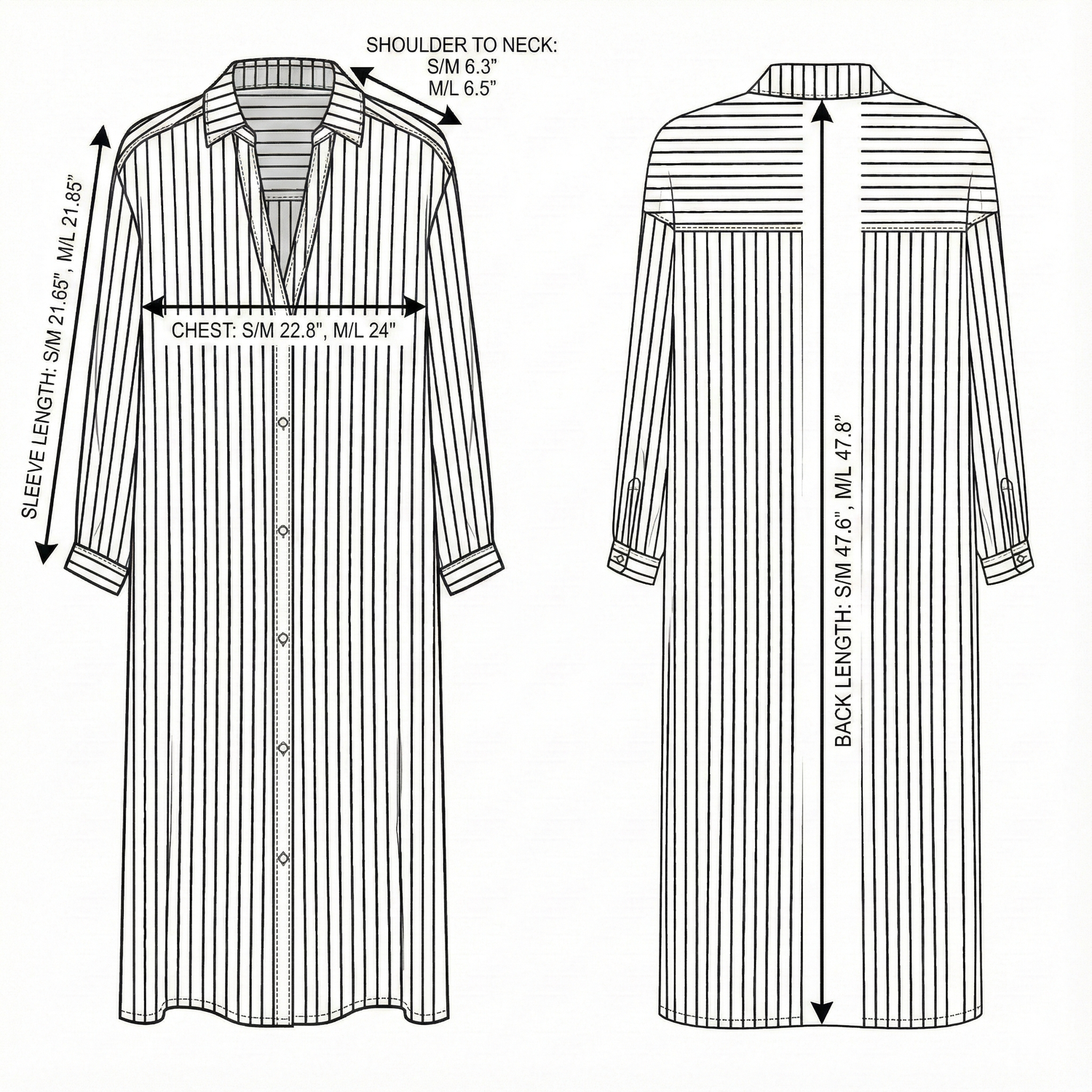 Size chart for Voyage Shirt Dress - Black Stripes