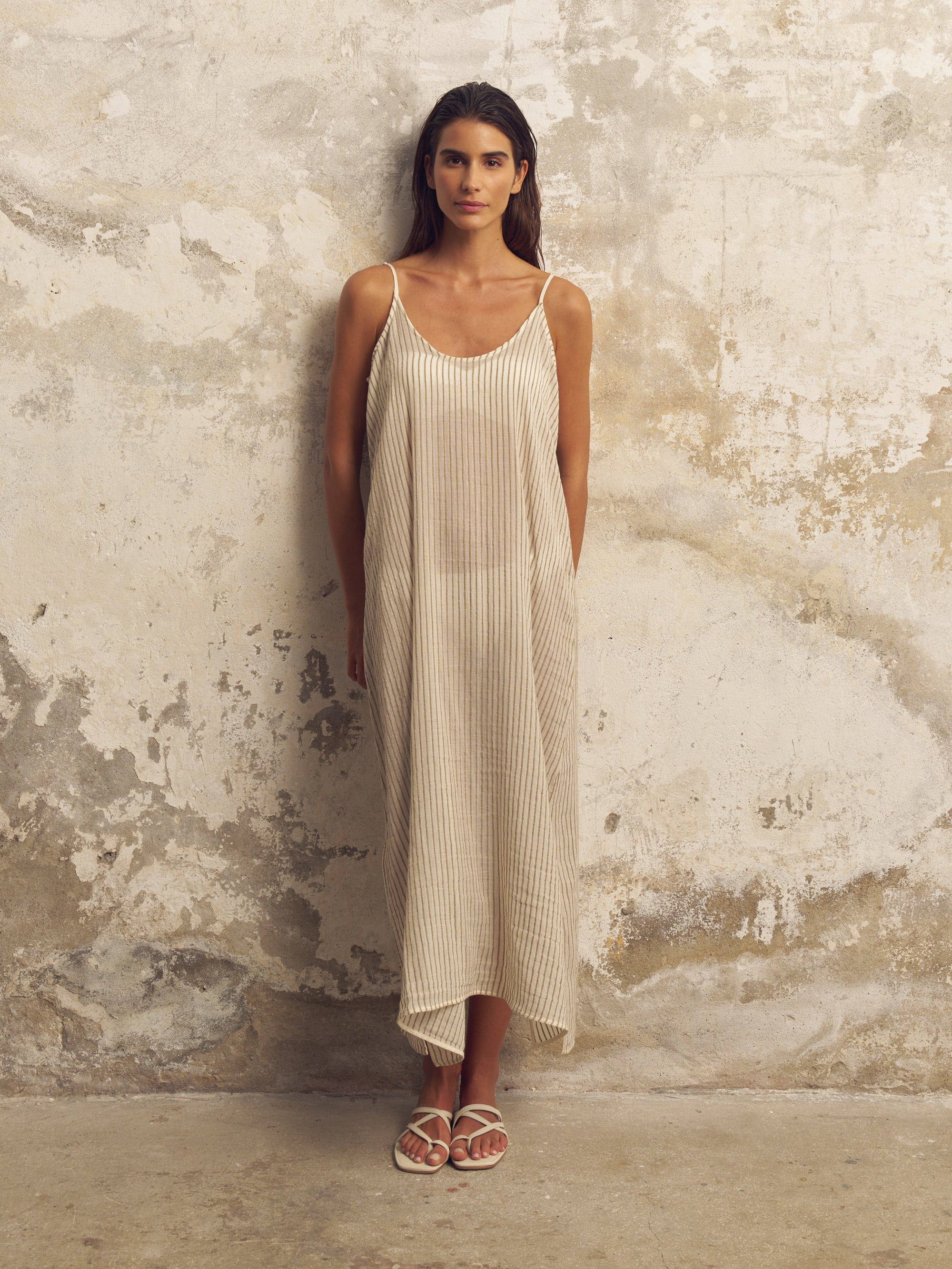 The Handloom Yaz Dress - Khaki Green Stripes The Handloom Yaz Dress - Khaki Green Stripes