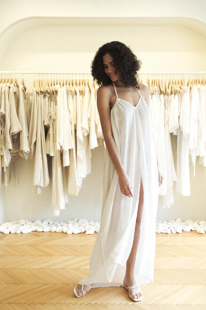 Breeze Beach Dress White Stripes - The Handloom