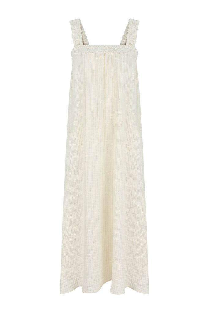 Noa Straps Maxi Dress Natural With Gold Stripes - The Handloom
