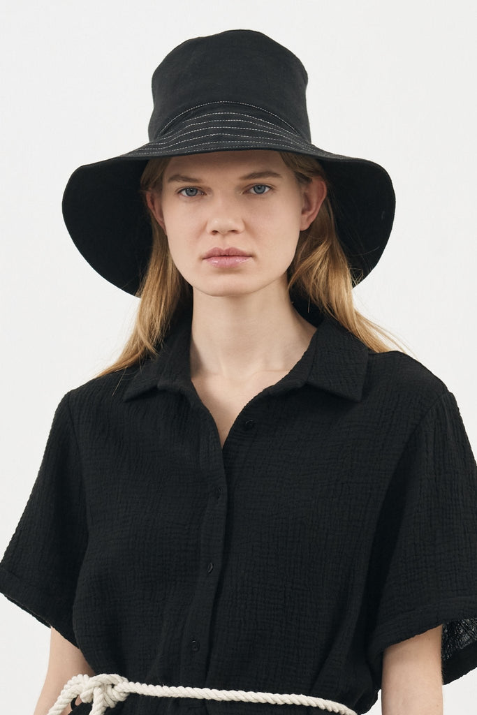 Playa Contrast Stitch Bucket Hat Black - The Handloom