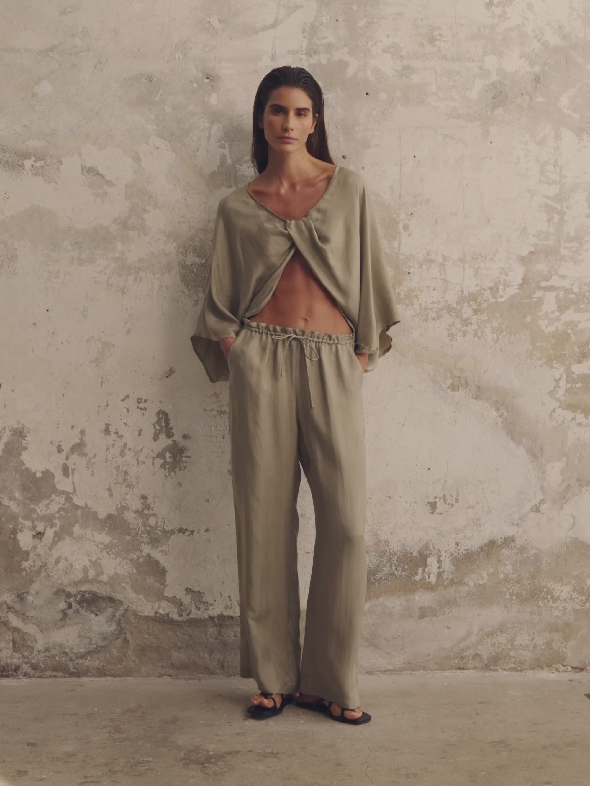 Khaki Green Knot Front Top – Tencel | The Handloom