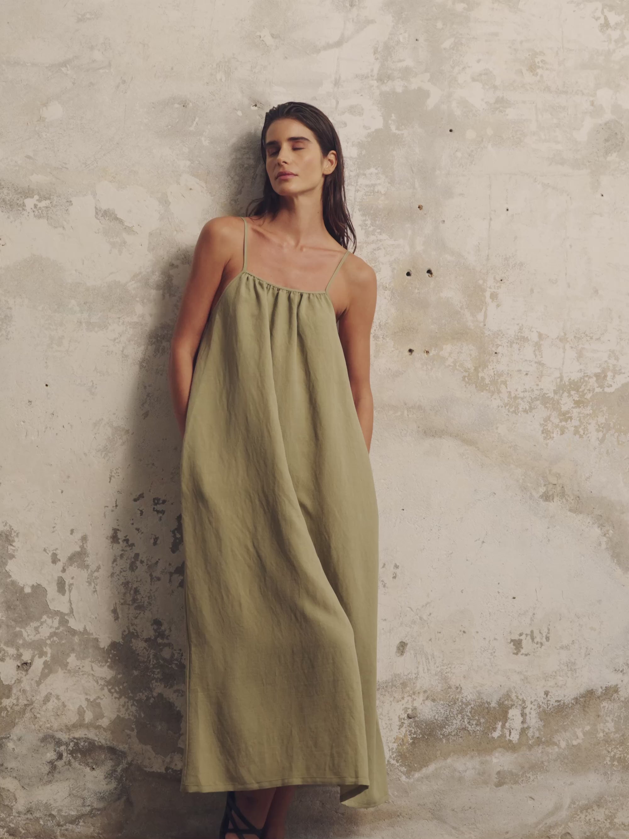 khaki green dress Myla Draped Shoulders Satin Maxi / | MESHKI line hem for a chic Linden Dress, Khaki Green by