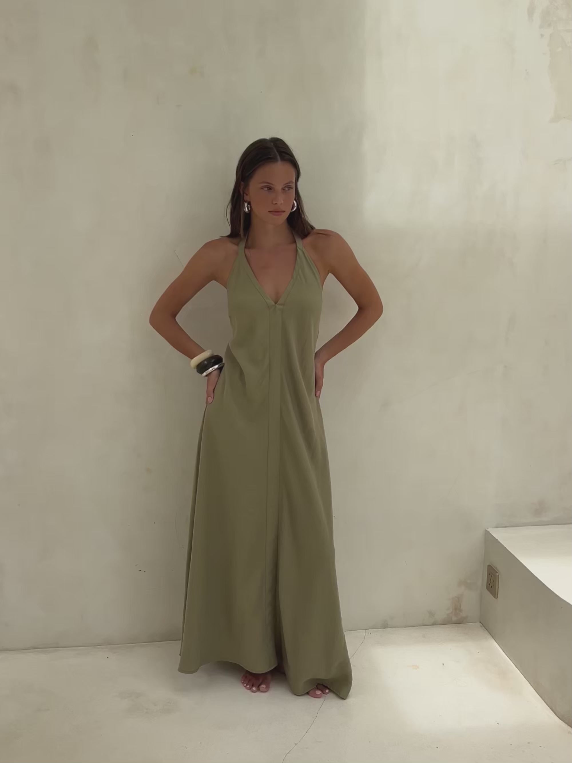 Khaki Green Open-Back Maxi Dress – Tencel | The Handloom
