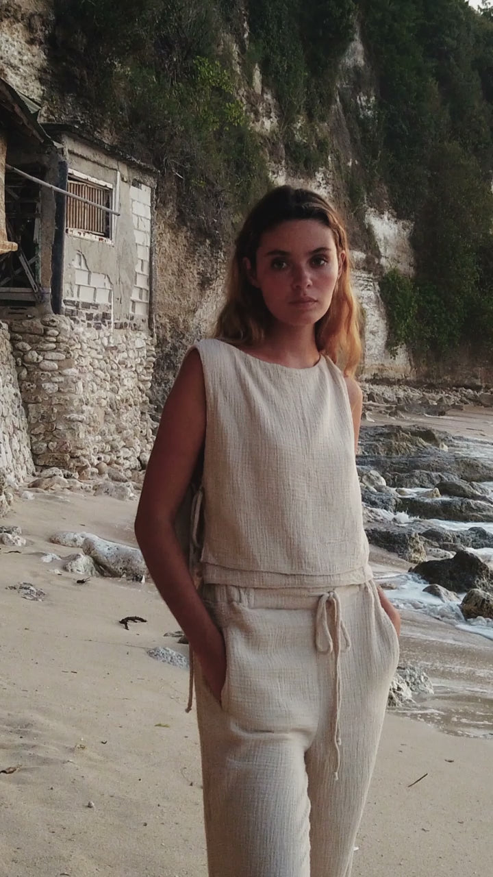 Mia Side Ties Top - Oatmeal | The Handloom