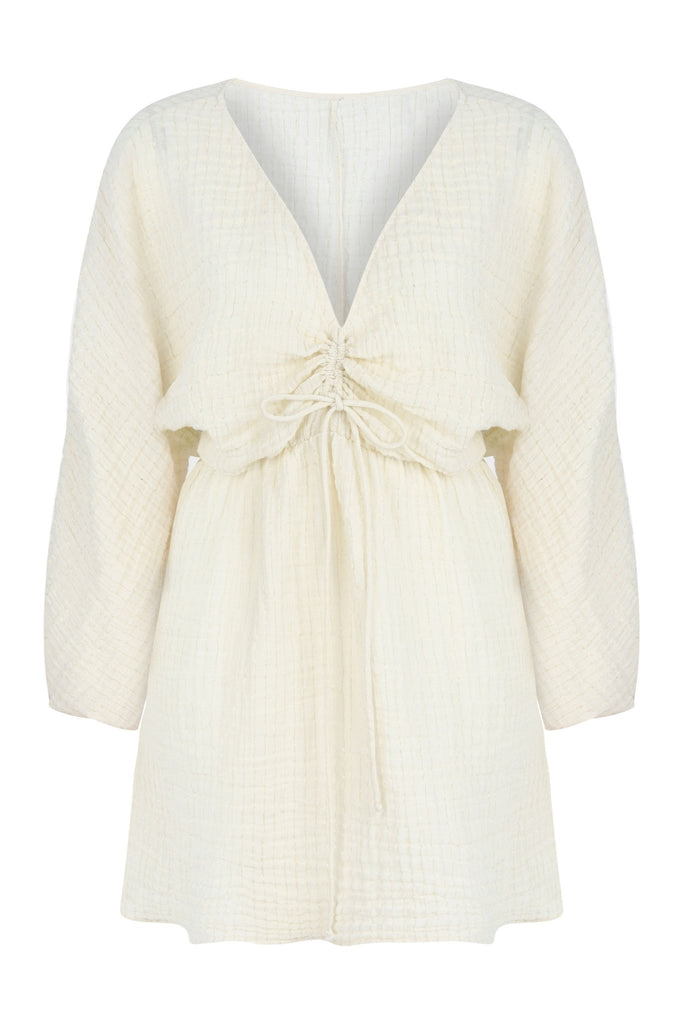Gaia Drawstring Mini Dress Natural With Gold Stripes - The Handloom